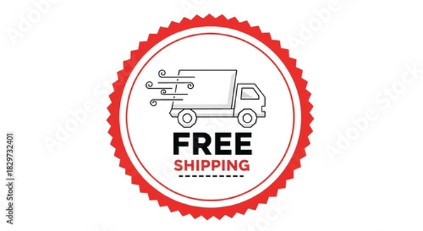 Obraz Red circular stamp icon featuring a fast delivery truck and free shipping text