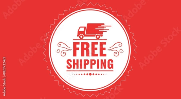 Obraz Red circular badge graphic advertising free shipping with a delivery truck icon