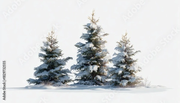 Fototapeta Young Spruces Covered In Snow: Snow-Dusted Small Conifers In The Forest, Young Trees Hidden Beneath The Blanket Of Snow
