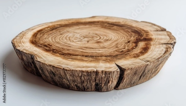 Fototapeta Handcrafted Wooden Plate Carved From Tree Trunk On White Background: Multi-Purpose Display Stand For Your Objects
