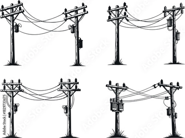 Fototapeta Utility pole silhouettes, transformer setups, power line connections, electric grid vector art, infrastructure illustration - flavector