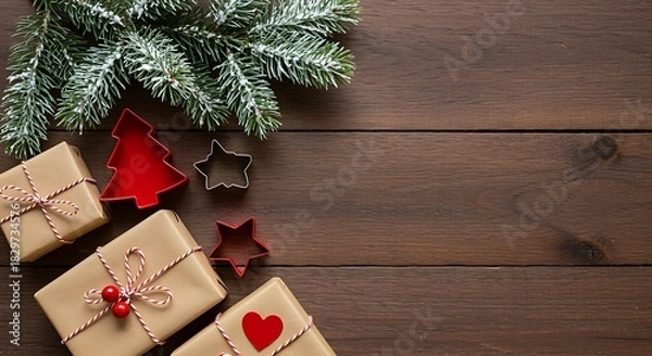 Obraz Christmas gifts and cookie cutters on rustic wooden background present craft