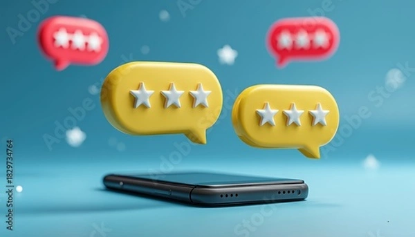 Fototapeta Mobile Phone Review Rating Bubble Speeches: Smartphone Reviews With Good And Bad Rates, Testimonial Messages, Notifications, And Feedback.