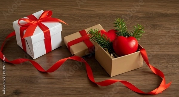 Obraz Two gift boxes with red ribbons and a heart shaped ornament present white