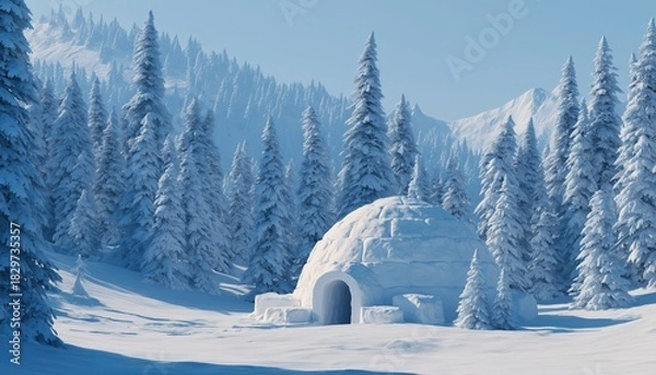 Fototapeta Winter Wonderland: A Genuine Snow Igloo House Nestled In The Snowy Mountains. Snowy Firs And Spruce Trees In A Misty Forest.