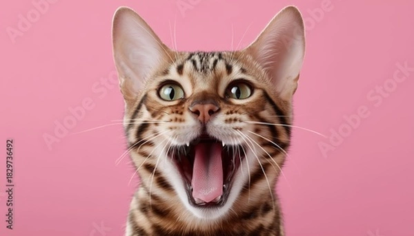 Fototapeta Cheerful Bengal Cat With Mouth Open, Gazing Happily On Pink Background. Amusing Portrait With Space For Text. Fun Image.