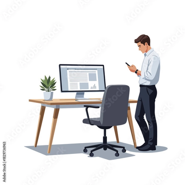 Fototapeta Man standing near desk with computer and chair looking at phone.