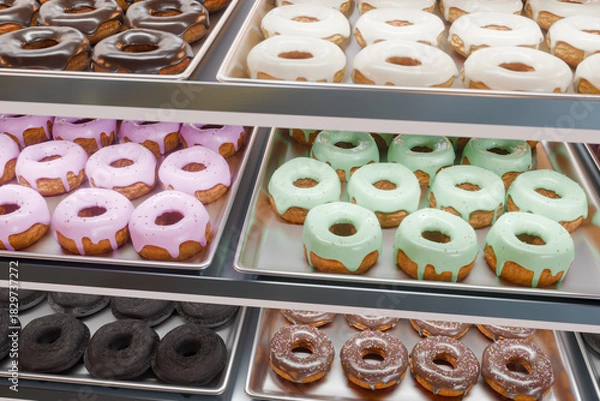 Obraz トレイに並んだカラフルなドーナツ
