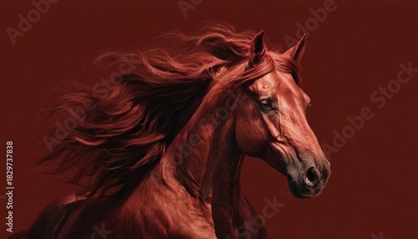 Fototapeta Stunning Portrait Of A Red Horse With A Flowing Mane Captured In Motion, Displaying Unmatched Beauty And Elegance In Every Detail.