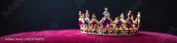 Obraz A dazzling jeweled crown, meticulously crafted with sparkling gemstones and precious metals, rests on a velvet cushion Perfect for royalty, fantasy, or fairytale themes , symbolic, tiara, elegance