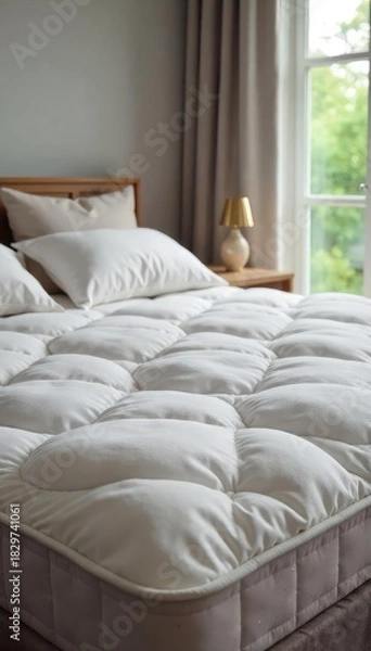 Fototapeta A fluffy, cloud-like mattress awaits a restful night's sleep Soft pillows are perfectly positioned for ultimate comfort and relaxation Ready for a blissful bedtime , bedding, good night, nap