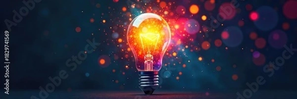 Fototapeta A lightbulb illuminates a vibrant, colorful array of abstract shapes, symbolizing innovative and brilliant ideas Perfect for presentations, marketing, and creativity concepts , wisdom, vivid, shapes
