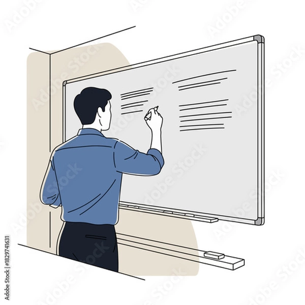 Fototapeta Illustration of a man from behind writing on a whiteboard.