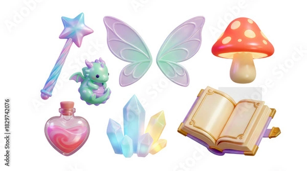 Fototapeta Collection of magical fantasy items including a wand, dragon, wings, mushroom, potion, crystals, and spellbook.