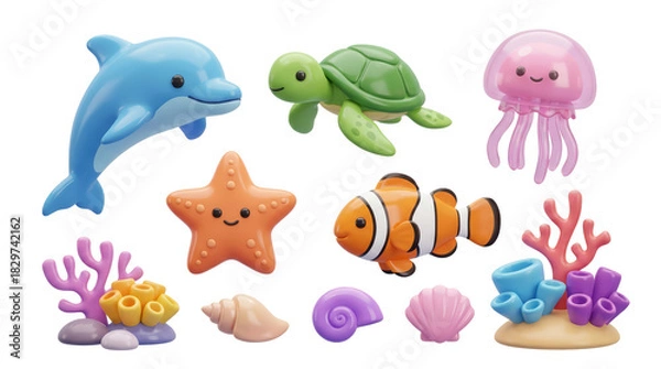 Fototapeta Cute 3D rendered collection of cartoon sea animals including a dolphin, turtle, jellyfish, starfish, and clownfish with coral and shells.