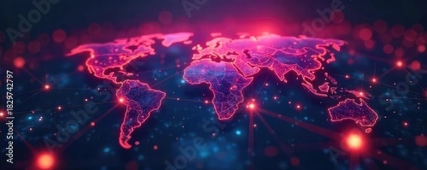 Obraz A network of glowing lines connecting diverse abstract shapes, symbolizing innovative interconnectedness and technological advancement , connection points, pattern