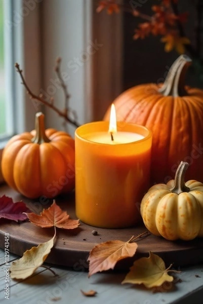 Obraz Cozy Autumn Rustic Candlelight Scene Flickering Pumpkin Spice Candle, Dried Leaves, Gourds
