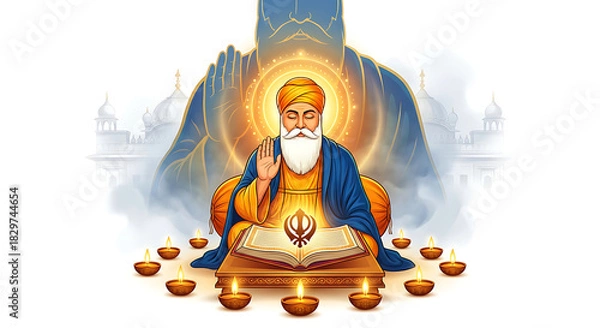 Obraz Happy Guru Nanak Jayanti greeting card design. a Illustration of Guru Nanak dev birth celebration isolated in white background. 
