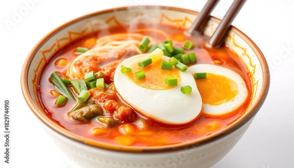 Obraz Spicy Korean Ramyun with Steam in White Bowl