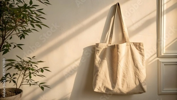 Fototapeta Eco-Friendly Canvas Tote Bag with Natural Wrinkles Hanging Against Soft Wall Lighting for Sustainable Branding and Merchandise Display