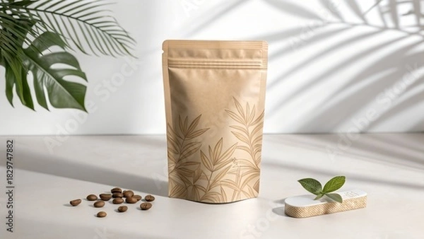 Fototapeta Clean Matte Stand-Up Pouch with Smooth Foil Texture and Front Branding Space in Realistic Studio Mockup Setting