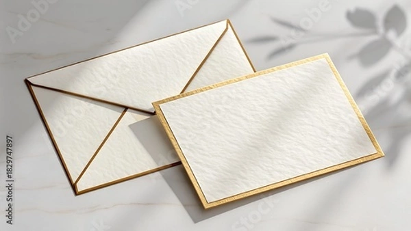 Fototapeta Elegant Textured Greeting Card with Matching Envelope and Subtle Gold Accents in Clean Minimal Stationery Arrangement