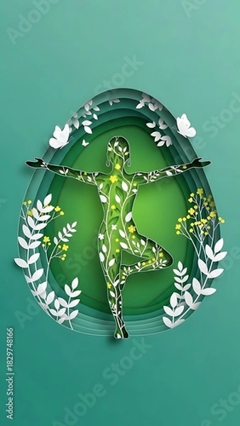 Fototapeta Paper Cutout of Woman in Tree Pose Embodied by Green Foliage and Flowers for Wellness Concept