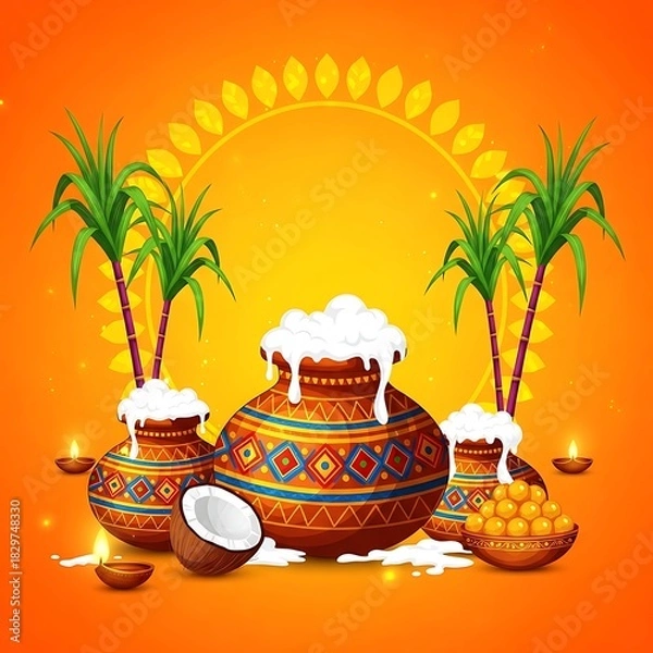 Fototapeta Vibrant Pongal Celebration Illustration with Overflowing Pot, Sugarcane, Coconut, and Diyas