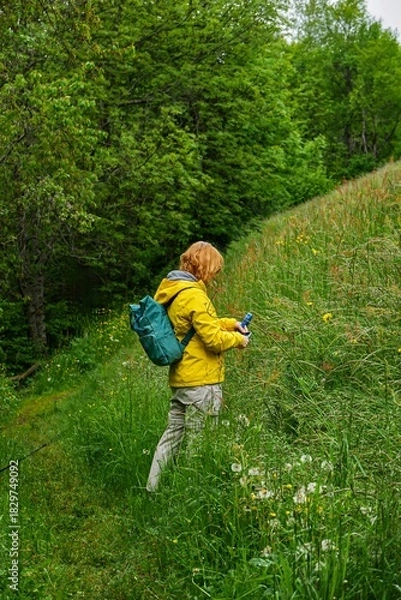 Obraz Woman exploring wild grass and flowers on a mountain trail, wearing a yellow jacket and backpack during a summer hike.