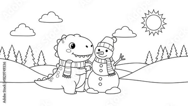 Fototapeta Charming winter scene featuring a friendly dinosaur and snowman in a snowy