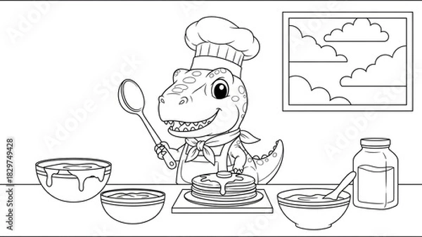 Fototapeta Playful dinosaur dressed as a chef preparing pancakes in a cozy kitchen scene