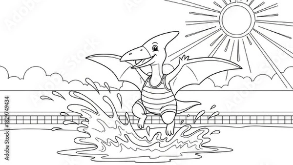 Fototapeta Whimsical cartoon dinosaur enjoying a sunny day splashing water by a poolside