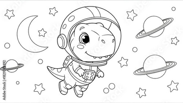 Fototapeta Adorable cartoon dinosaur astronaut exploring space with planets and stars in