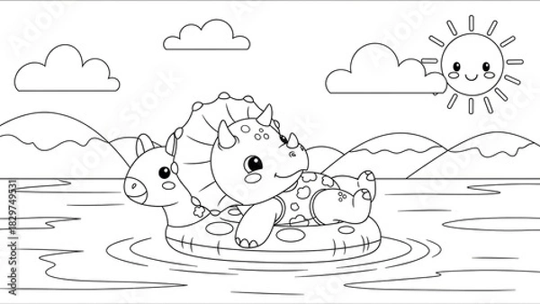 Fototapeta Adorable cartoon dinosaur relaxing on a floatation device in a serene water