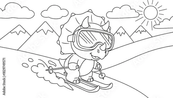Fototapeta Adventurous cartoon dinosaur enjoying skiing in scenic mountain landscape