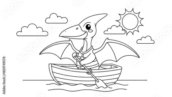Fototapeta Whimsical cartoon pterosaur with wings paddling a wooden boat in a playful