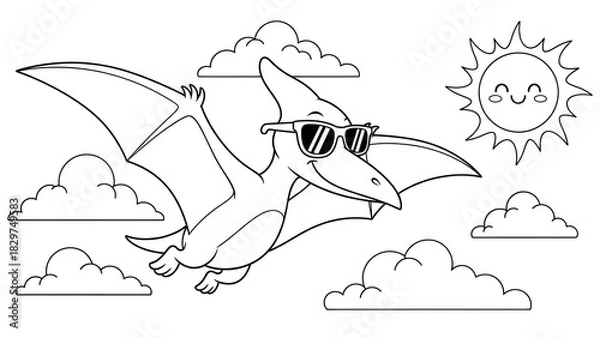 Fototapeta Playful cartoon dragon soaring through cheerful sunny sky with clouds