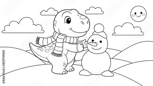 Fototapeta Whimsical winter scene featuring a cheerful dinosaur toy with scarf and