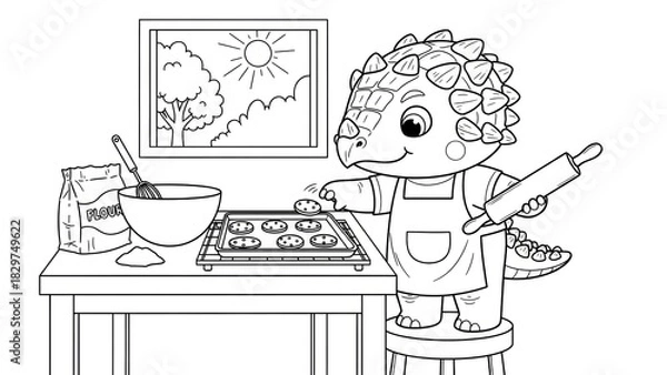 Fototapeta Cute cartoon dinosaur baking cookies in a modern kitchen with sunny window