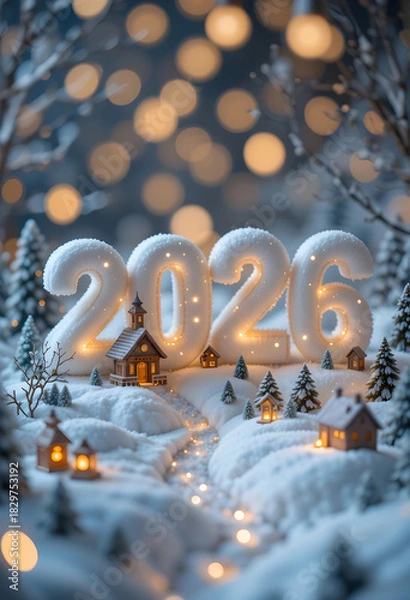 Fototapeta Chunky snowy 2026 with cute houses lanterns glowing pathways and warm fairy tale winter bokeh