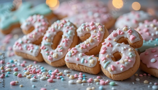 Fototapeta 2026 shaped sugar cookies with pastel icing candy sprinkles and warm cute winter bokeh