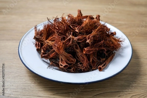 Fototapeta Close up of dried red cotton tree flowers (Kapok flowers) Heap of dried Dok Ngiew , Northern Thai food ingredient.