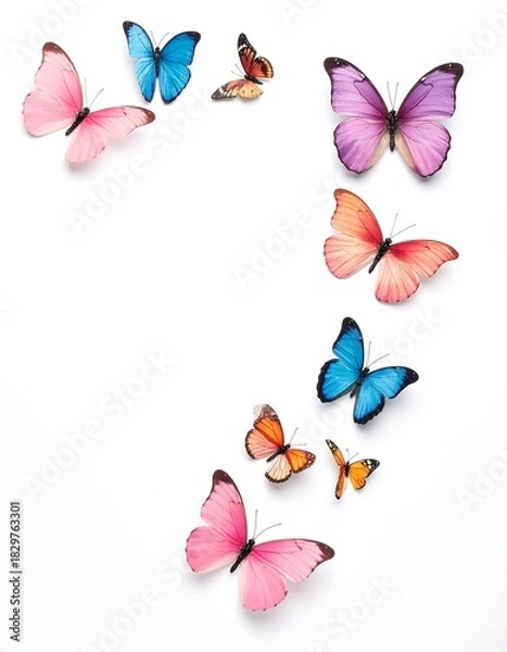 Fototapeta A collection of various colorful butterflies arranged diagonally against a plain white background, appearing as if in flight