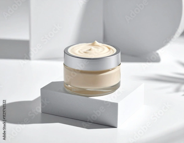 Obraz Showcasing unlabeled beige cream jar on a minimalist display cosmetic product modern studio aesthetic view natural beauty