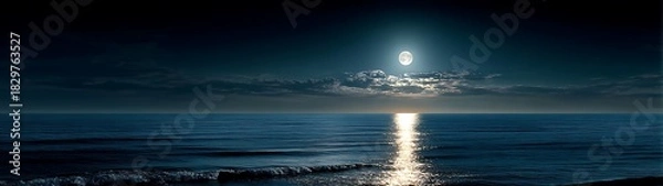 Fototapeta Peaceful Ocean Night Scene with Luminous Full Moon and Gentle Wave Reflections for Ambient Designs, and Dreamy Nighttime Artwork, Quiet Moonlit Sea with Soft Reflections on Dark Horizon