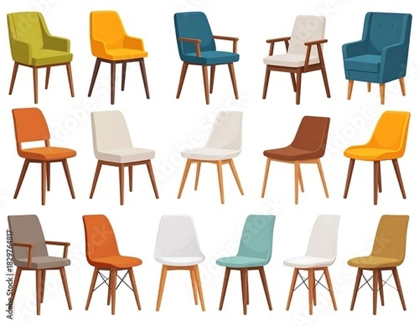 Fototapeta A collection of various colorful, modern chairs showcased on a white background, perfect for interior design