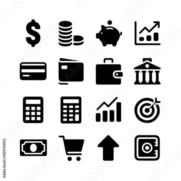 Fototapeta Finance Icon Set. Vector Design Pack Isolated on White Background. Grunge Stamp Vector Illustration.