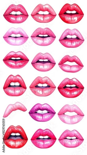 Fototapeta A collection of various, colorful illustrations of open human mouths, revealing teeth and pink interiors. Different shades of red and pink tones are used