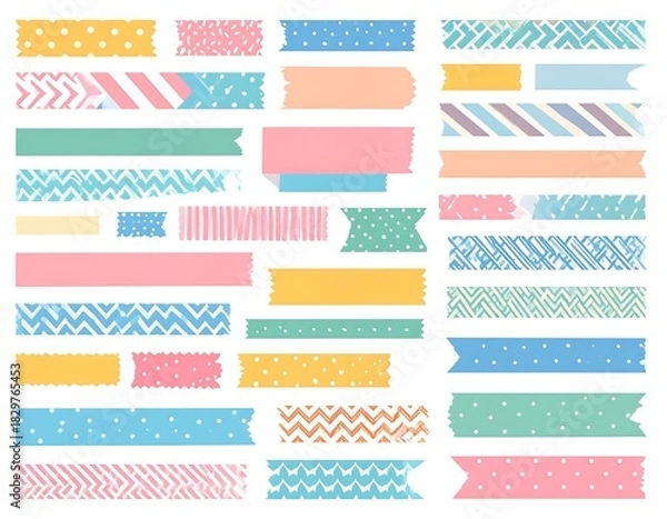 Fototapeta A collection of various colorful, patterned tape pieces in different shapes and sizes against a white background