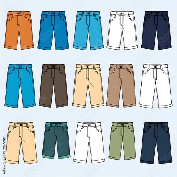 Fototapeta A collection of various colorful, short trousers, displayed in rows. Each is a flat-design illustration